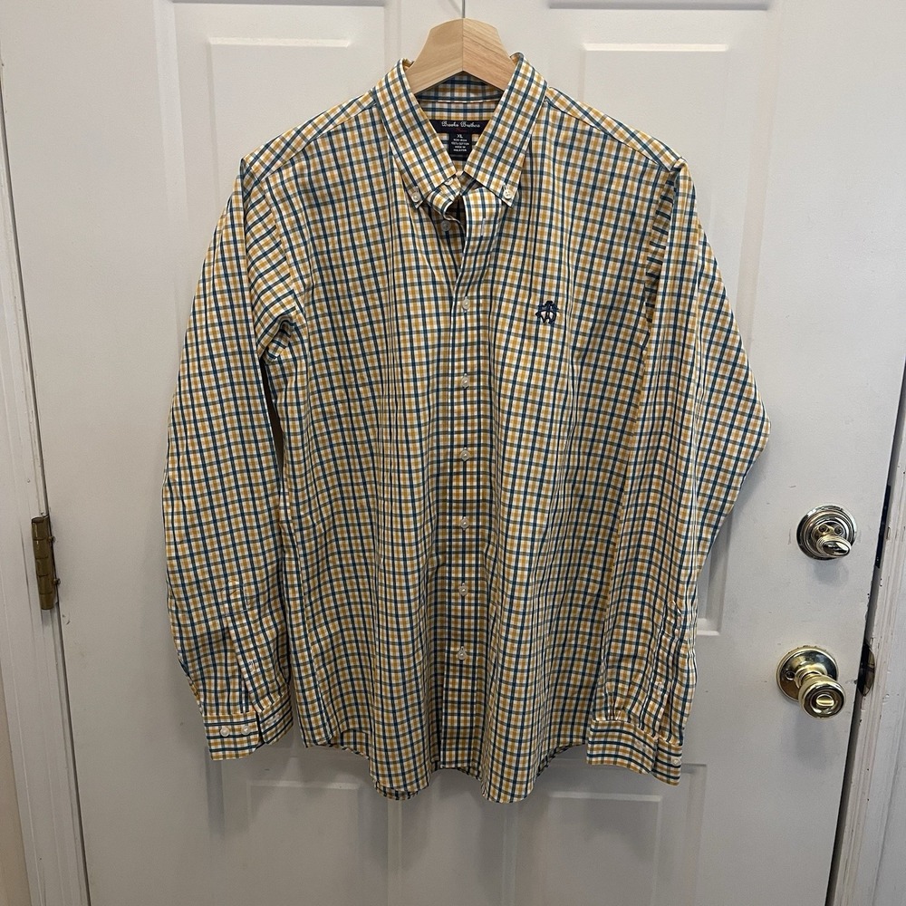 Brooks Brothers Fleece Boys XL Blue‎ Yellow Gingham Button Down Non-iron Preppy